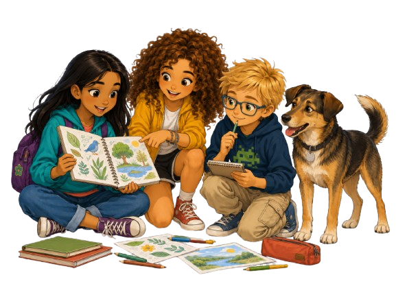 Alicia, María, Nando y Trasto trabajando juntos